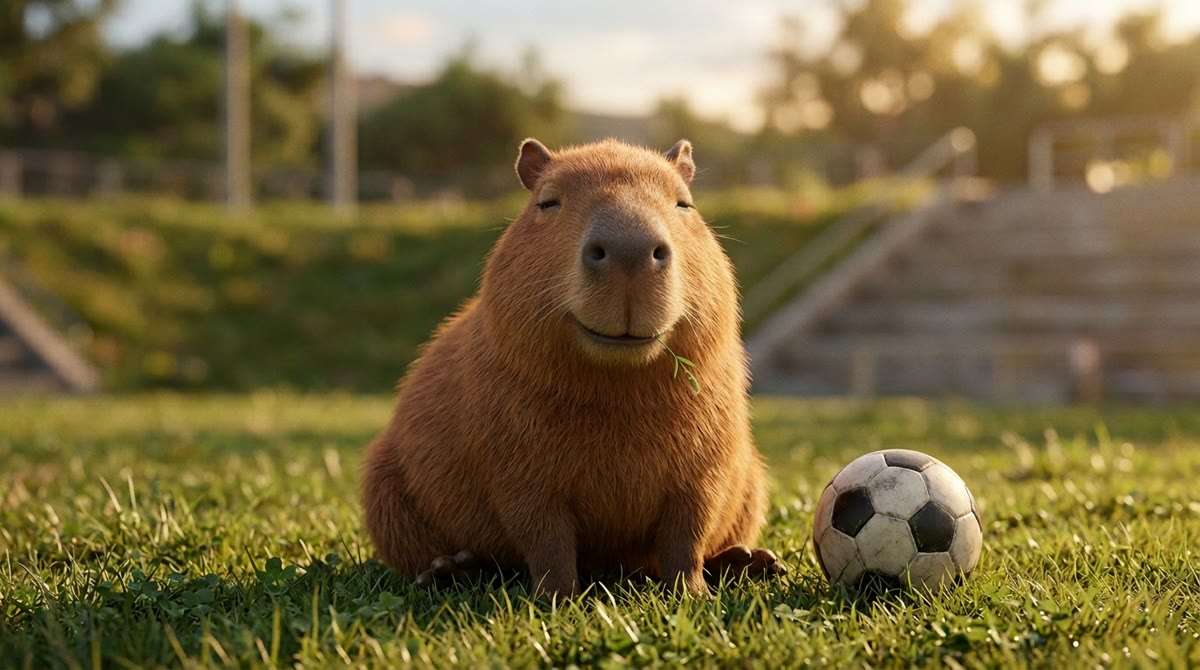 Capyba Riba, the soccer-oracle capybara, at the stadium.